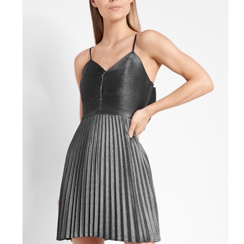 Express Womens Metallic Gunmetal Pleated Ruffle Back Cocktail Mini Dress XS